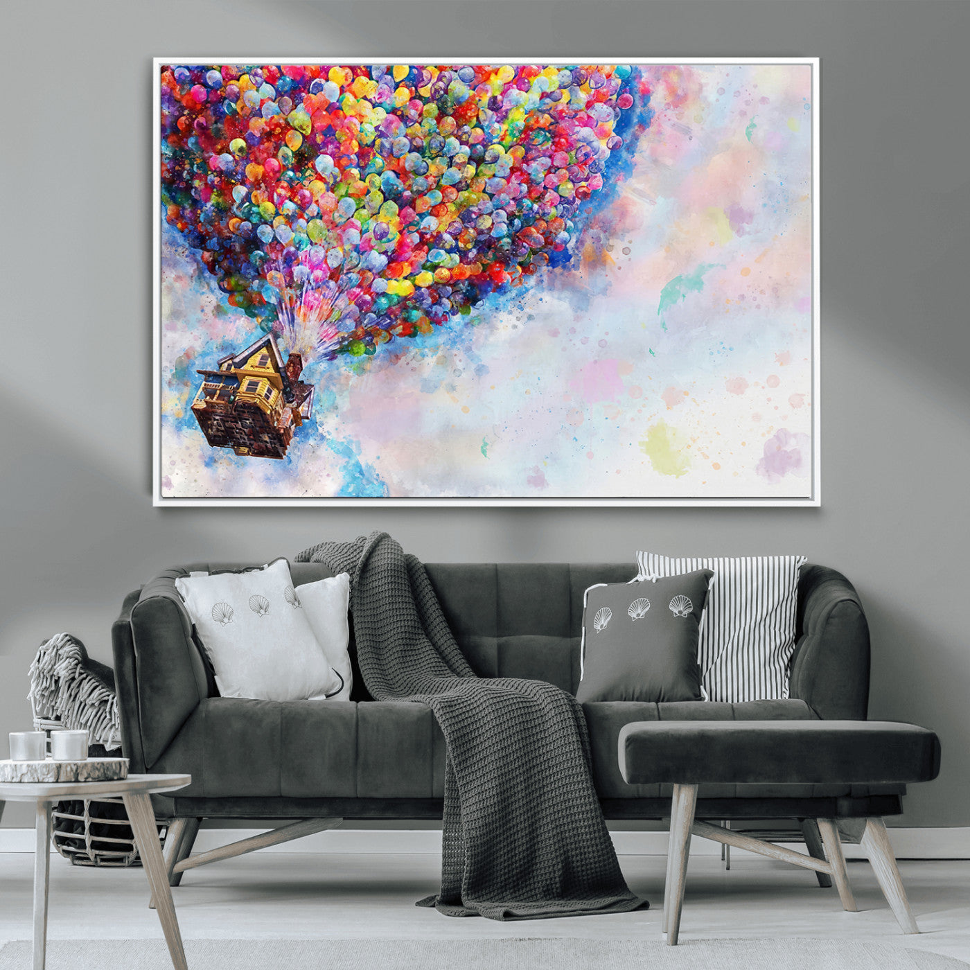 MGV-FC-36X24 - Don't Look Up Movie Canvas Wall Art - Vibrant Floating House and Balloons Scene, Tribute to Iconic