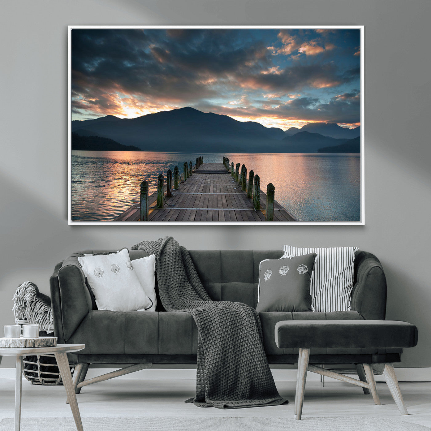 MGV-FC-36X24 - Mountain Lake Wood Pier Canvas Wall Art Nature Lake Print