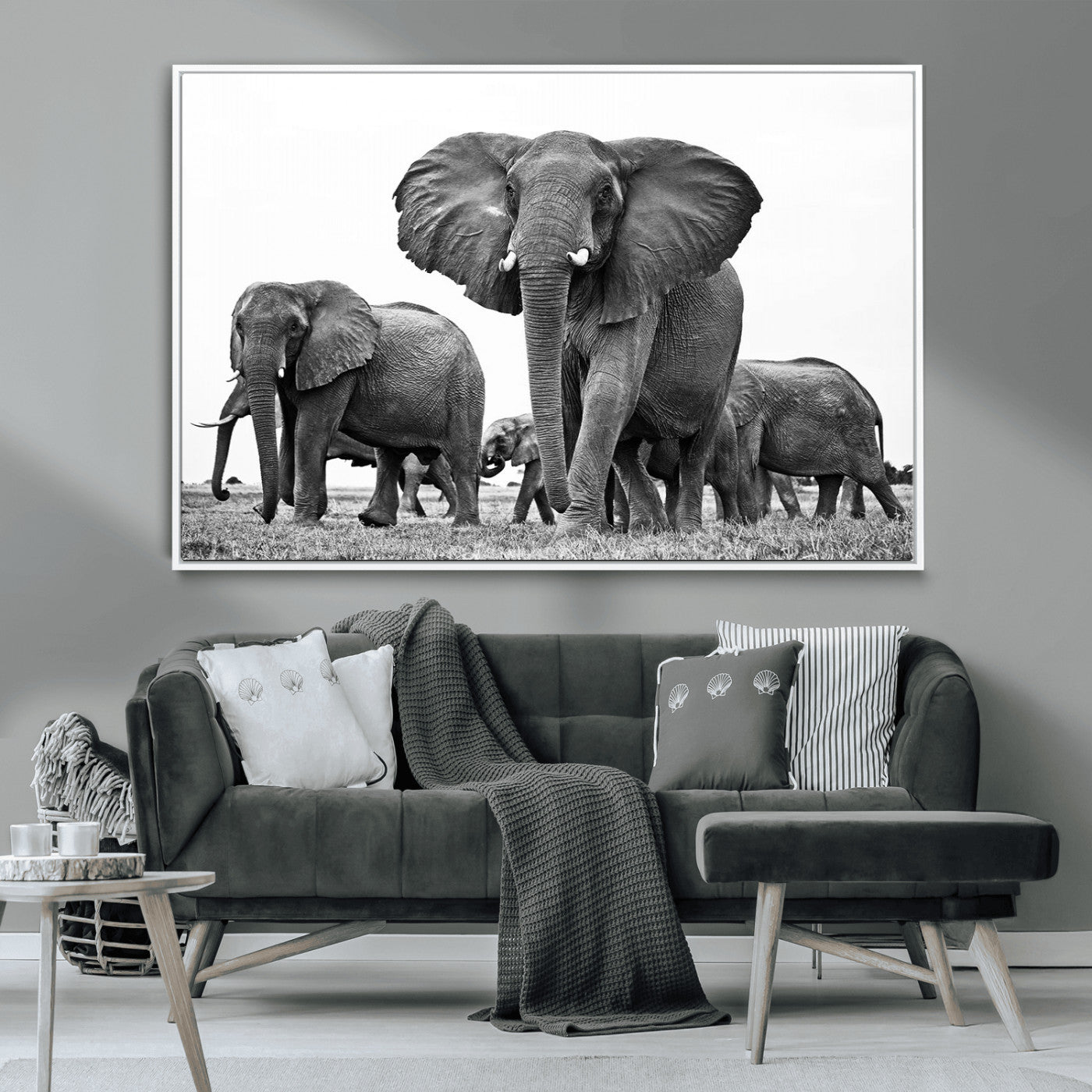 MGV-FC-36X24 - Black White Elephant Family Wall Art Canvas Print