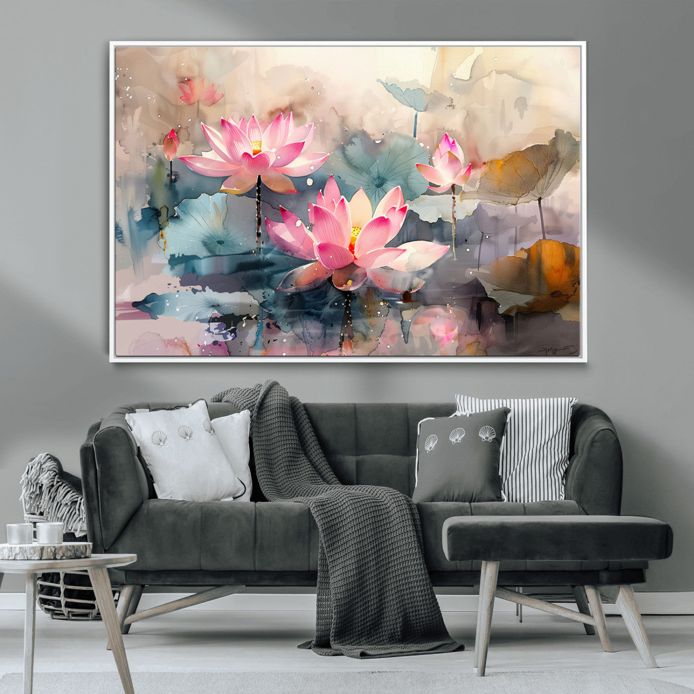 MGV-FC-36X24 - Lotus Flower Wall Art | 3-Panel Giclee Canvas Print of Pink Lotus Blossoms for Living Room, Bedroom, Office | Framed Lotus Floral Wall Art Decor Print