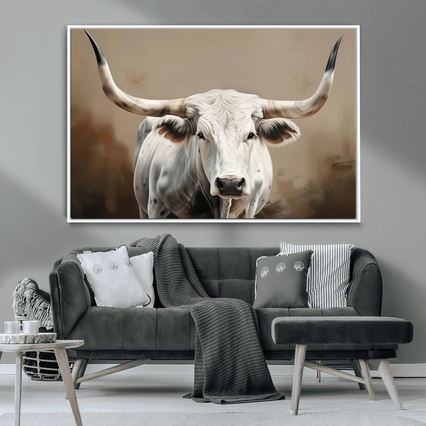-White Longhorn Bull Wall Art Canvas Print – Framed and Ready to Hang – Perfect for Farmhouse and