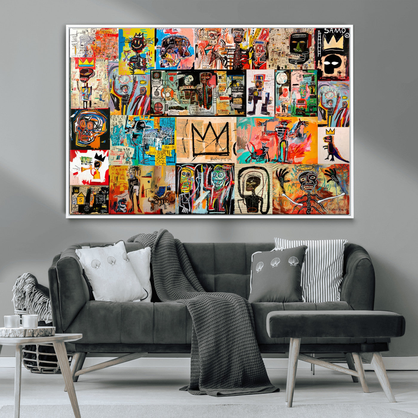 MGV-FC-36X24 - Basquiat Art Collage Wall Art Canvas Print – Framed, Ready to Hang, Urban Graffiti Style