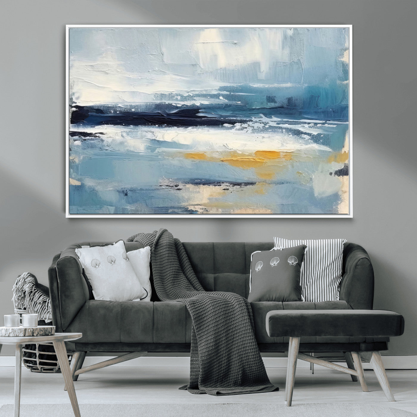 MGV-FC-36X24 - Abstract Ocean Canvas Wall Art - Coastal Blue and Gold Textured Painting, Modern Seascape Decor for Living Room Decor