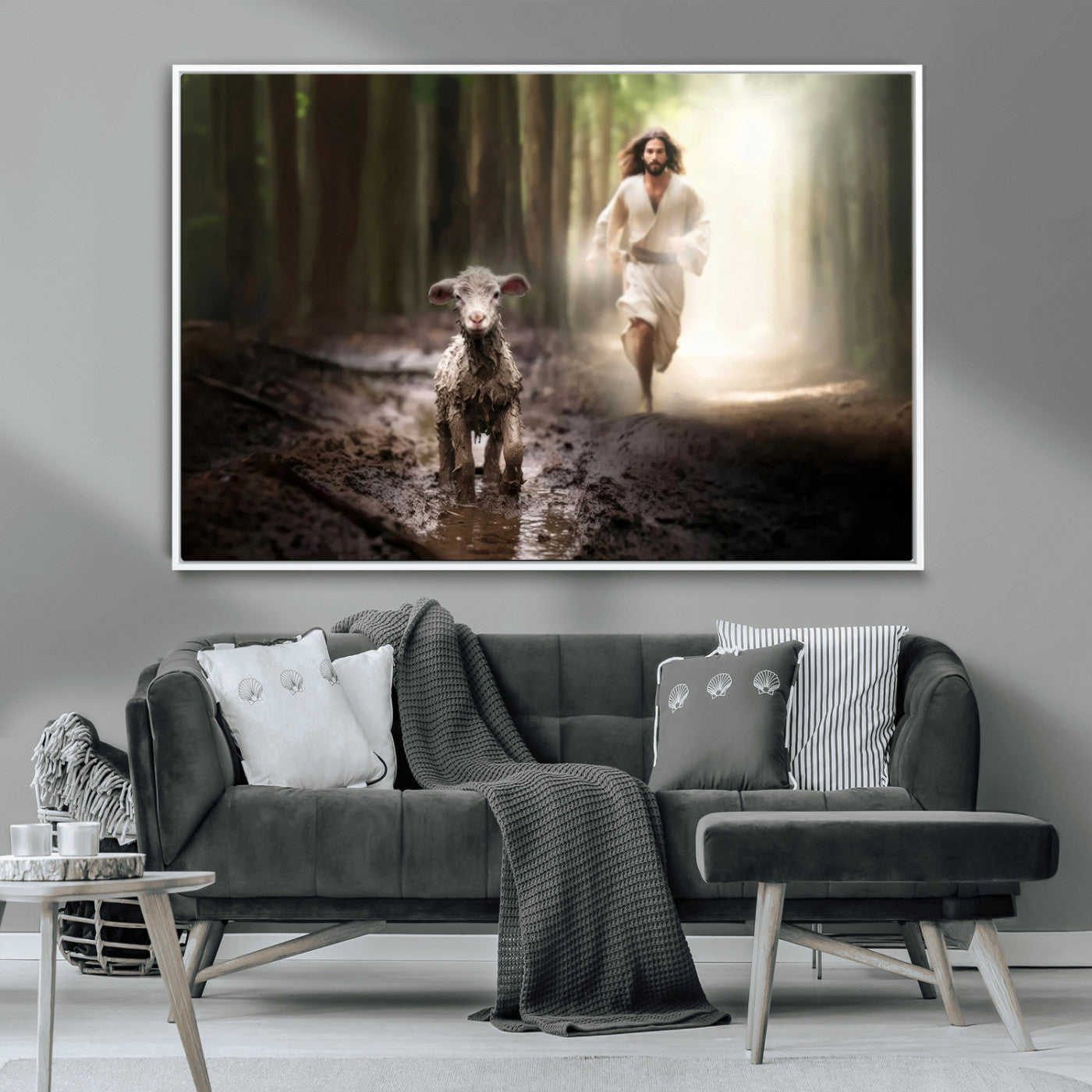 MGV-FC-36X24 - Jesus Canvas Wall Art - Jesus Running After Lost Lamb, Jesus, Christian Home Decor - Church Wall Art