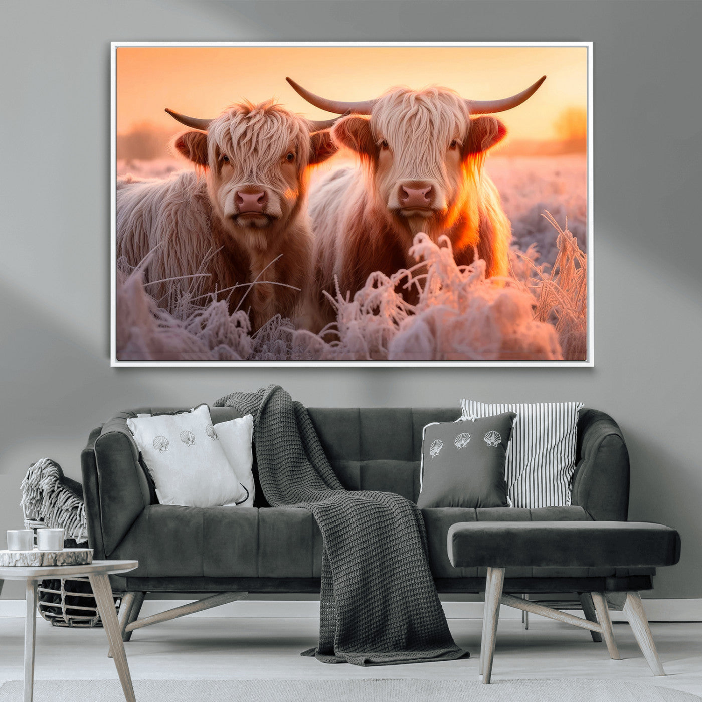 -Highland Cows at Sunrise Wall Art Canvas Set – Serene and Rustic Farmhouse Decor