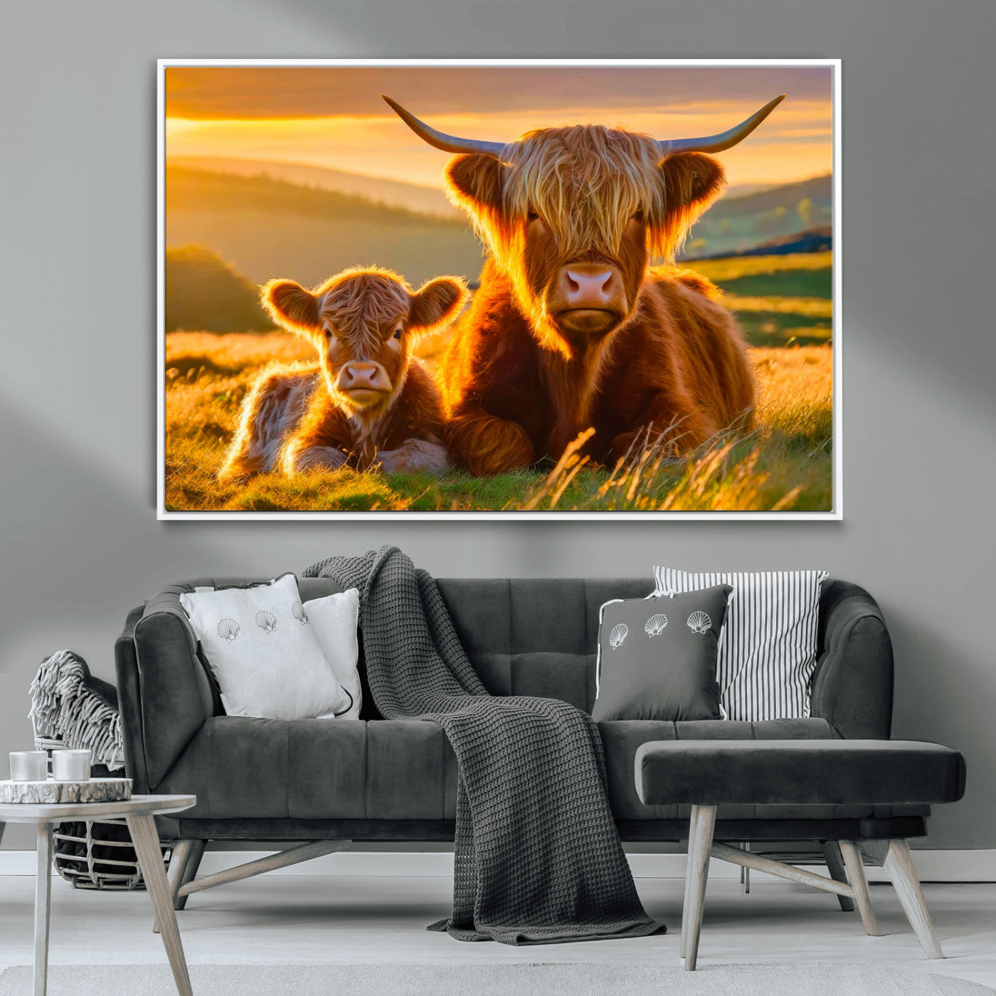 -Scottish Cow and Baby Cow Canvas Wall Art Animal Print Fluffy Cattle Framed Farmhouse Decor