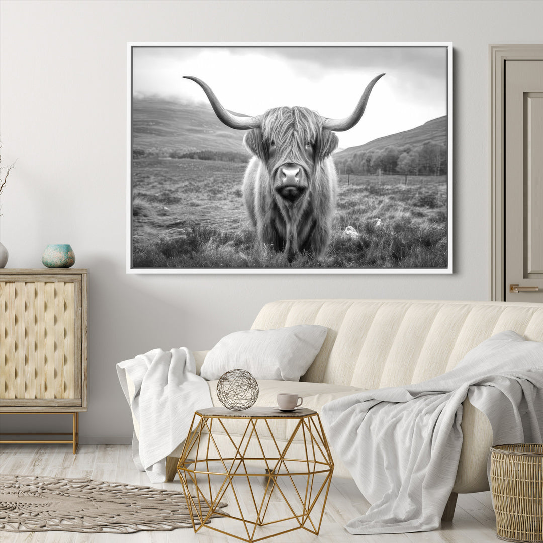 Black White Scottish Highland Cow Canvas Farm Wall Art Canvas Print