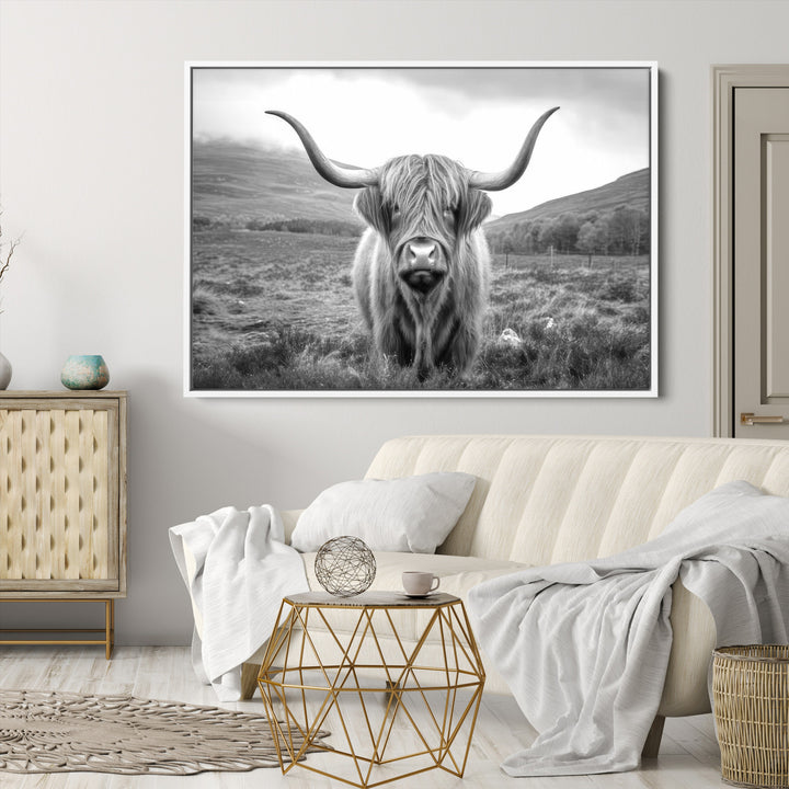Black White Scottish Highland Cow Canvas Farm Wall Art Canvas Print