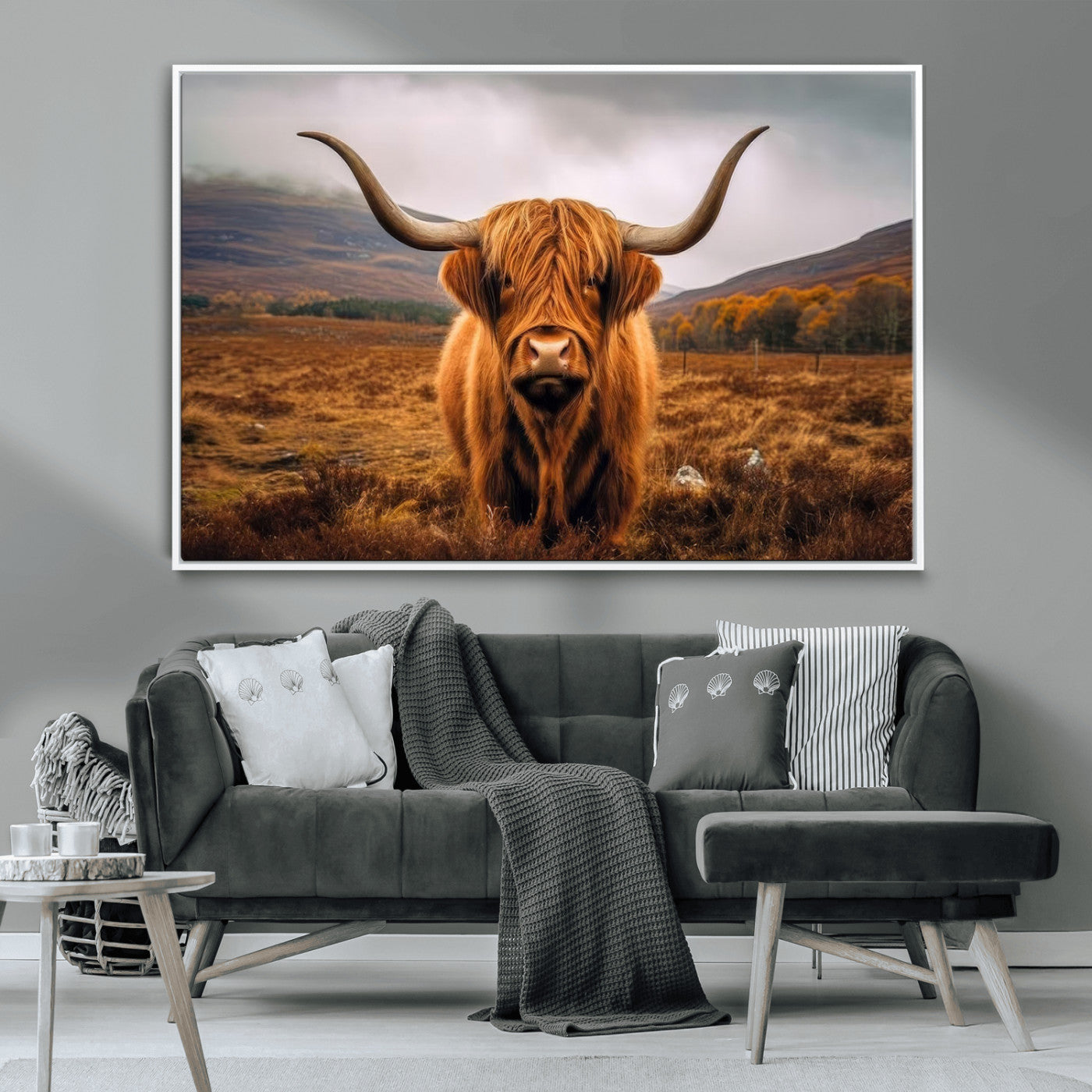 -Highland Cow Longhorn Wall Art – Rustic Canvas Print, Framed and Ready to Hang for Farmhouse Décor