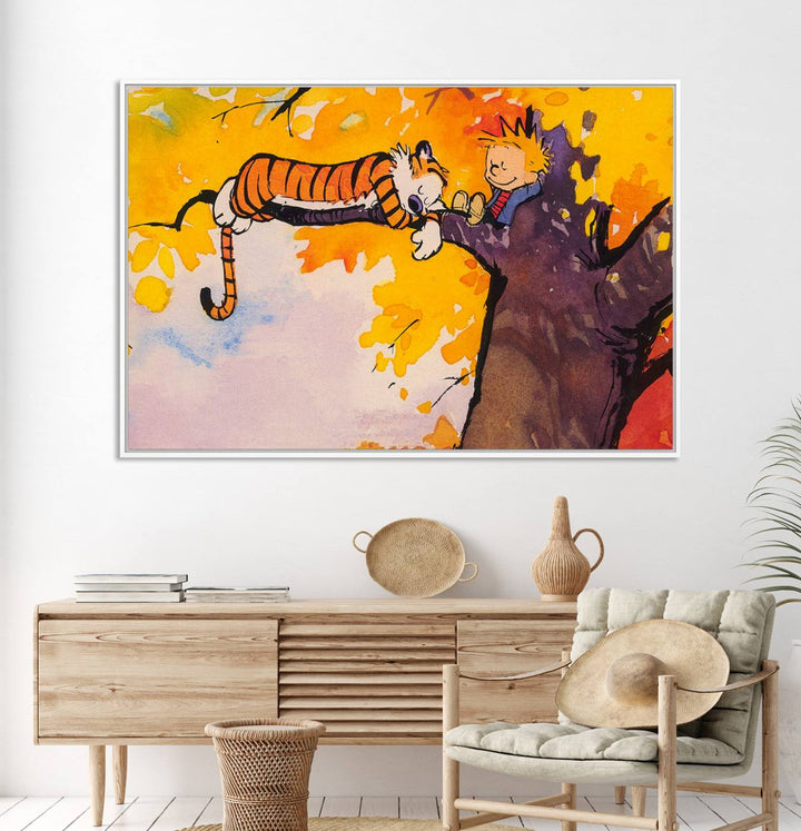 Premium canvas Calvin Wall Arts featuring a boy and tiger relaxing on a branch.