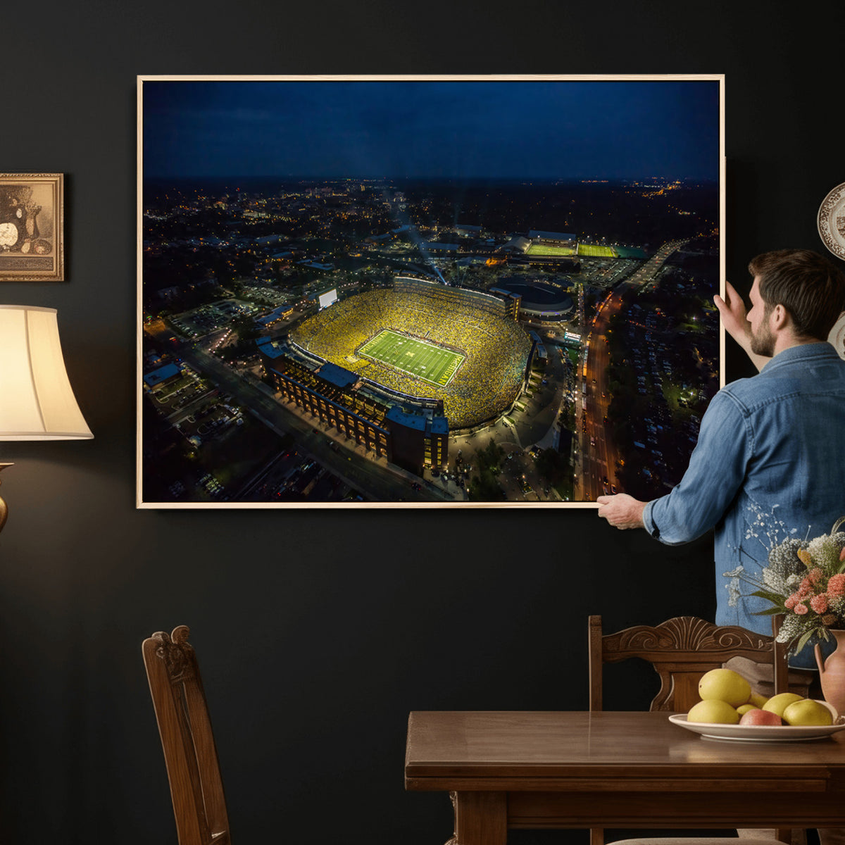 33588-MGV-CV-36X24 - Michigan Stadium Night Game Wall Art | Sports Arena Aerial View Canvas