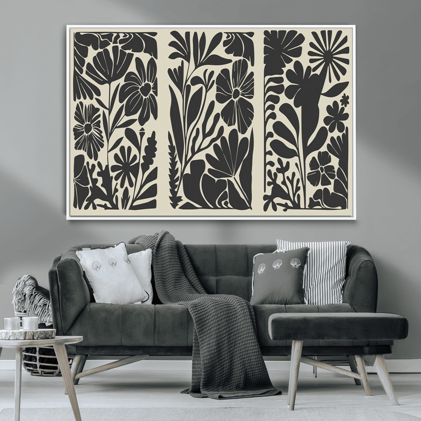 MGV-FC-36X24 - Modern Botanical Wall Art - Floral Black and White Canvas Print, Framed, Ready to Hang