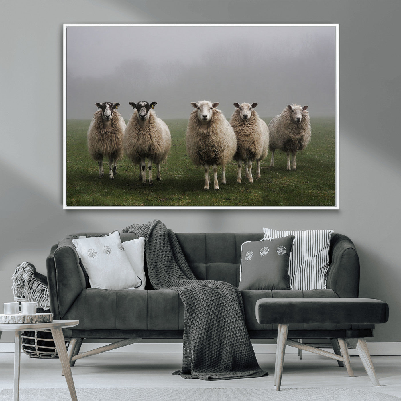-Flock of Sheep in a Mystical Fog – Pastoral Wall Art Canvas Print, Framed, Ready to Hang