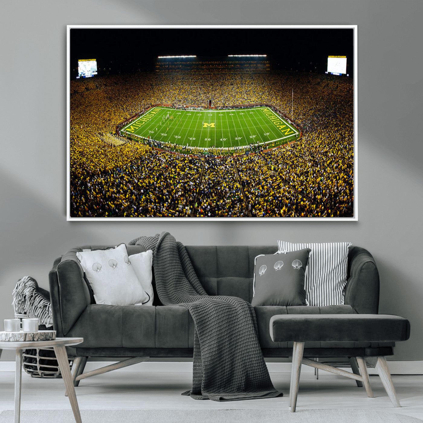 26166-MGV-CV-36X24-Stadium in Michigan Wall Art Canvas Print, Framed American Football Stadium Art Picture Print, Football Stadium Field Perfect Sports Room Decor Artwork