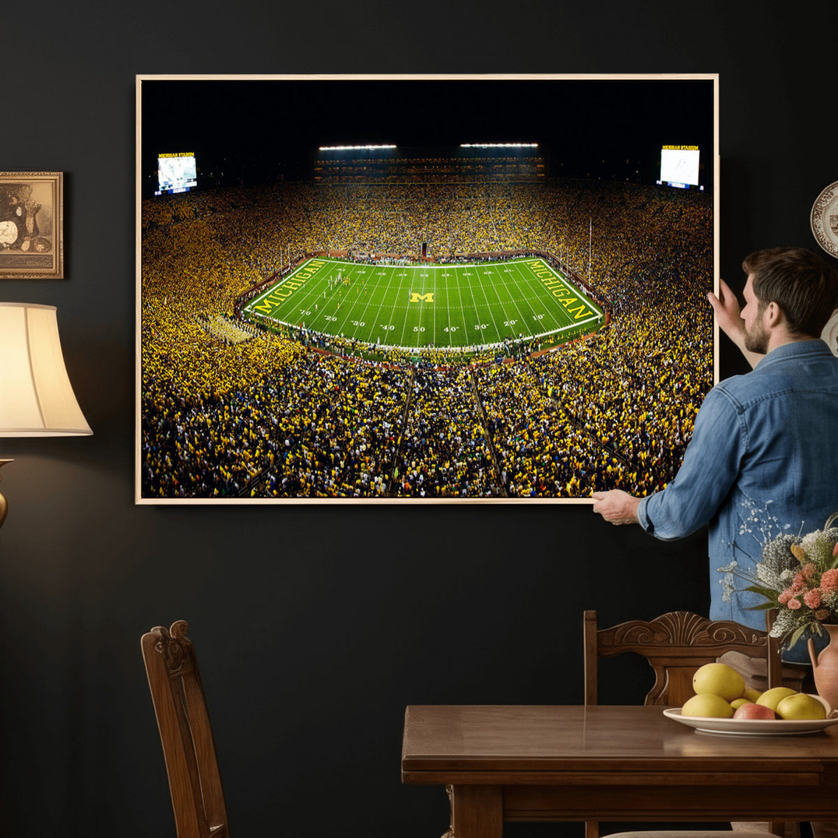 26166-MGV-CV-36X24 - Stadium in Michigan Wall Art Canvas Print, Framed American Football Stadium Art