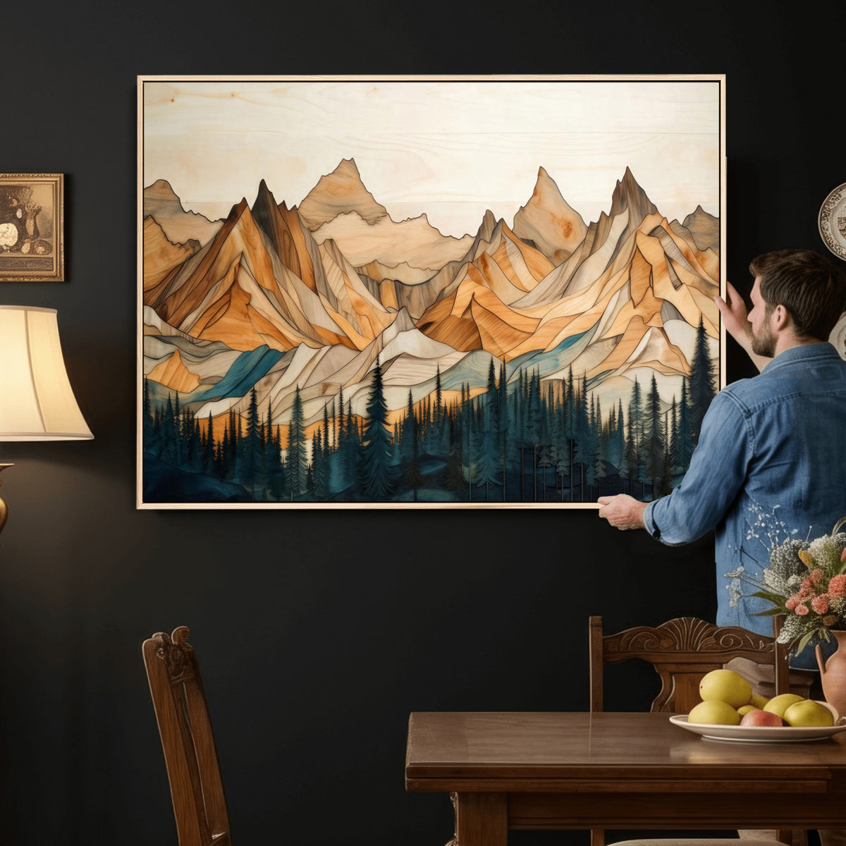 31576-MGV-CV-36X24 - Geometric Wood Mountain Landscape Wall Art Canvas Print, Rustic Forest Painting Print