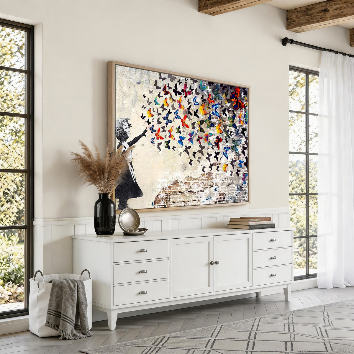 97895-MGV-CV-24X16 - Banksy Graffiti Wall Art Canvas Print, Girl Releasing Vibrant Butterflies