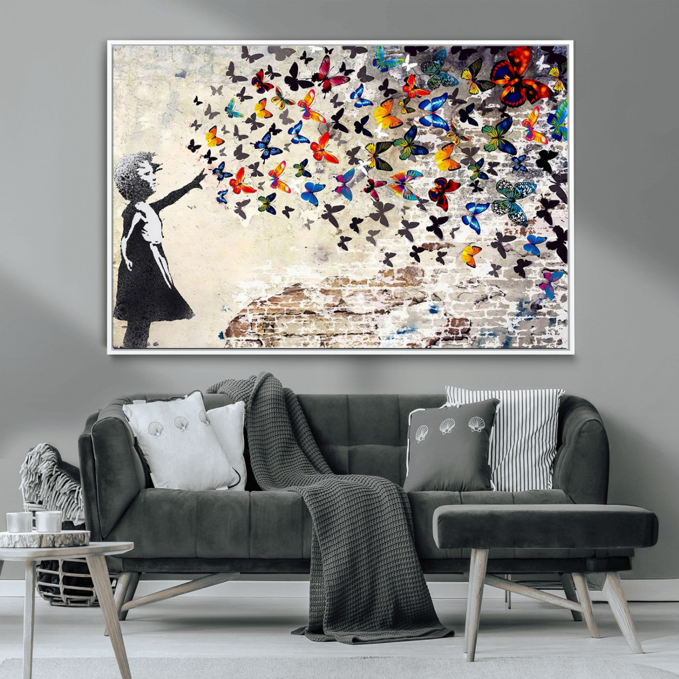 MGV-FC-36X24 - Banksy Graffiti Wall Art Canvas Print: Girl Releasing Vibrant Butterflies – Ready to Hang