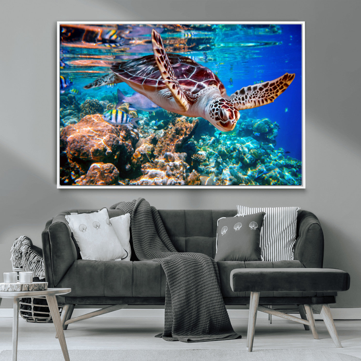 MGV-FC-36X24 - Underwater Coral Reef Sea Turtle Wall Art Canvas Print, Vibrant Marine Life | Colorful Ocean Scene
