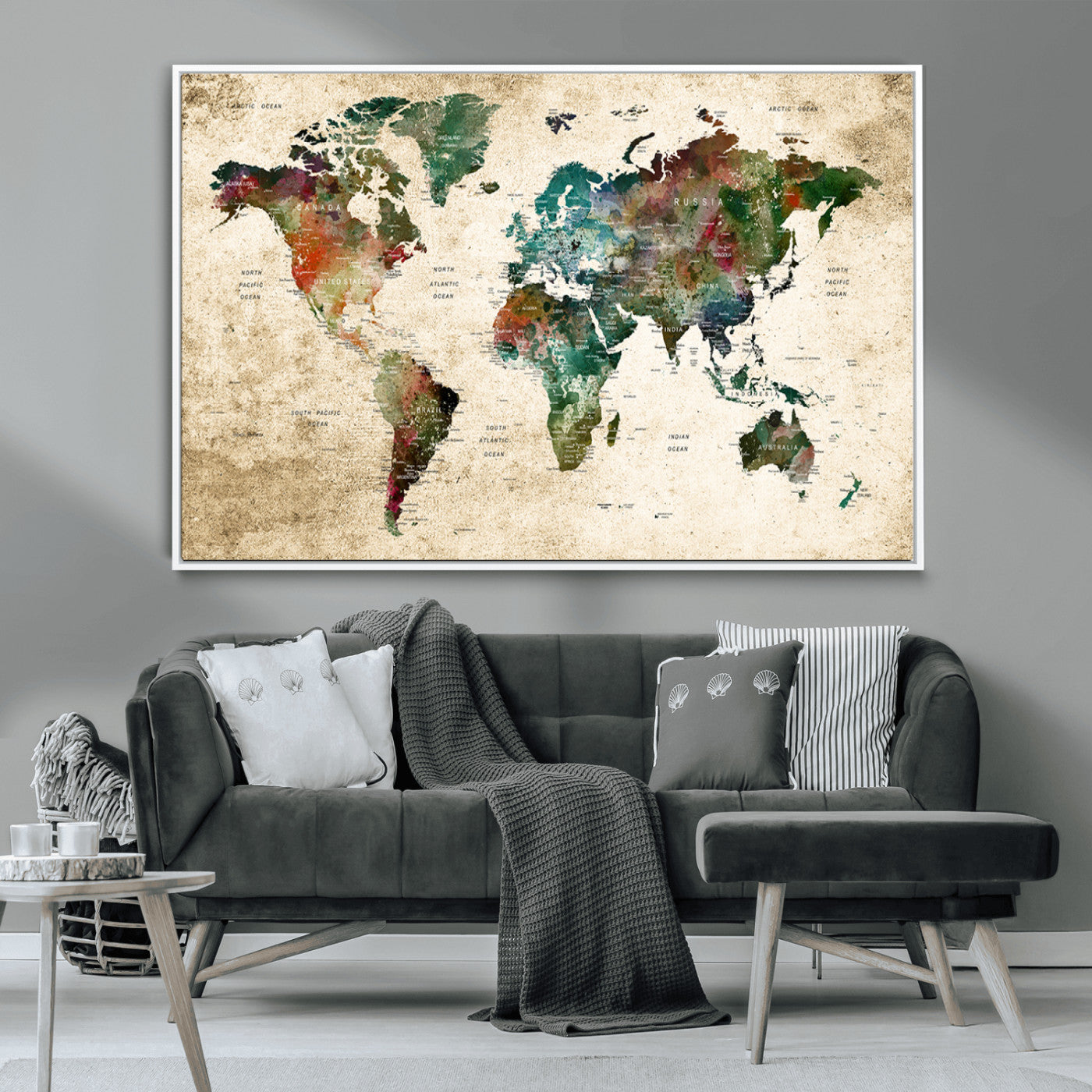 45128-MGV-CV-36X24-Push Pin World Map Canvas Print – Framed Wall Art for Couples to Track Their Travels – Anniversary Gift or Home Adventure Decor
