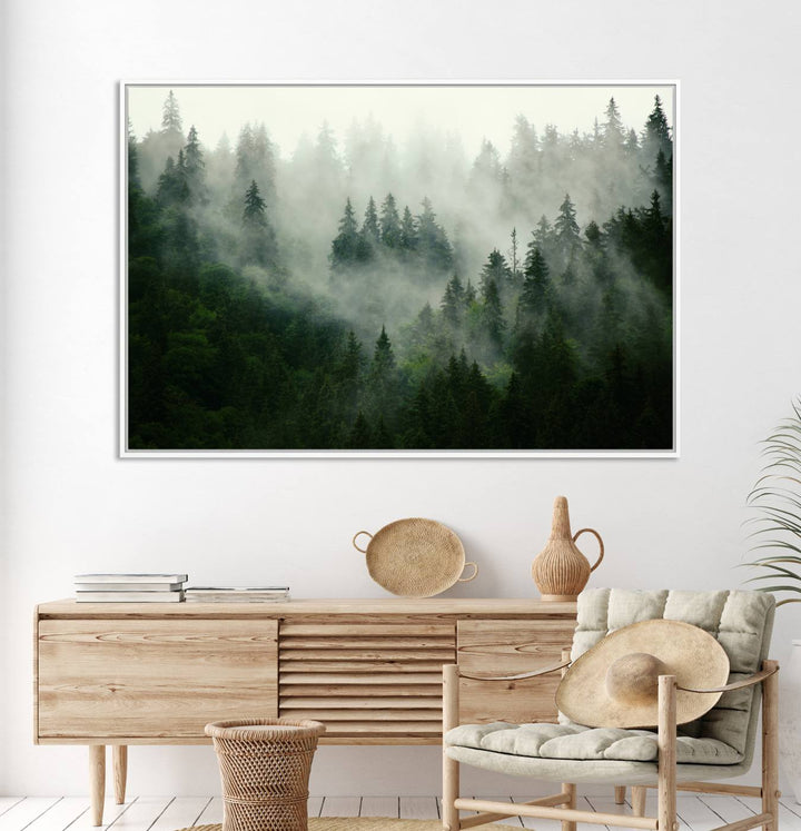 Misty Forest Mountain Wall Art: A 3-panel foggy landscape canvas print, ideal for enhancing home decor with natures beauty.