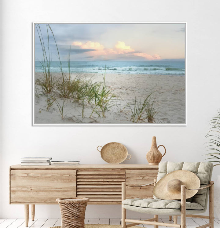 Flight Over Coastal Beach print on UV canvas displayed against white walls.