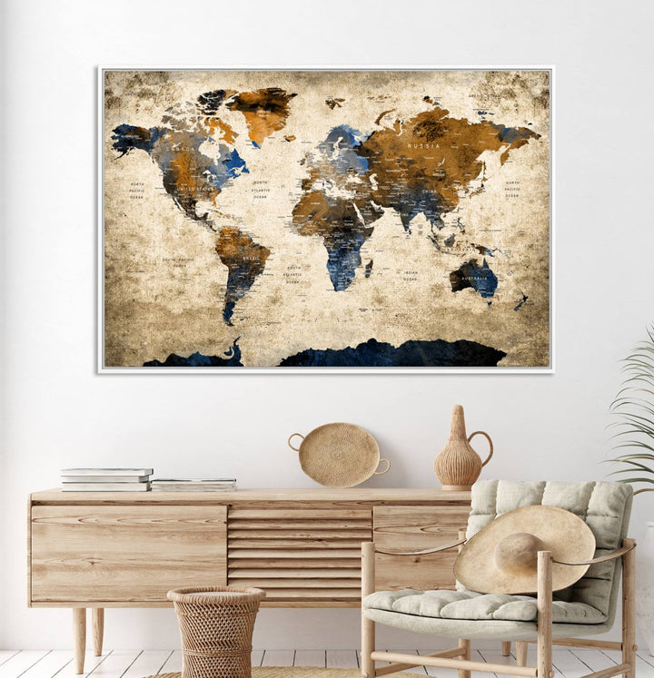 Vintage World Map Canvas Wall Art – Textured Triptych Map Print – Global Decor for Living Room or Office – Ready to Hang