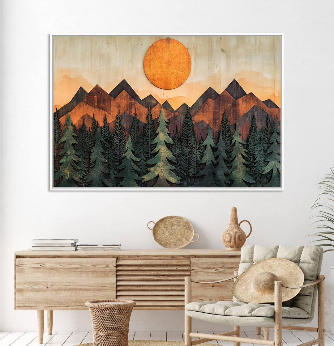 Sunset Mountain Landscape canvas wall art print featuring forest and wooden textures in green, brown, and orange.