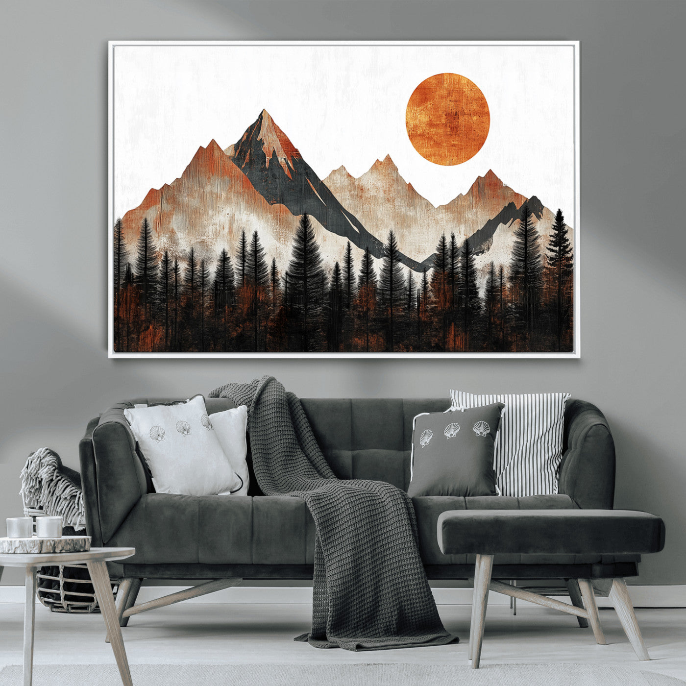 MGV-FC-36X24 - Modern Abstract Mountain Canvas Wall Art Print, Abstract Landscape Print, Rustic Sun and Mountains
