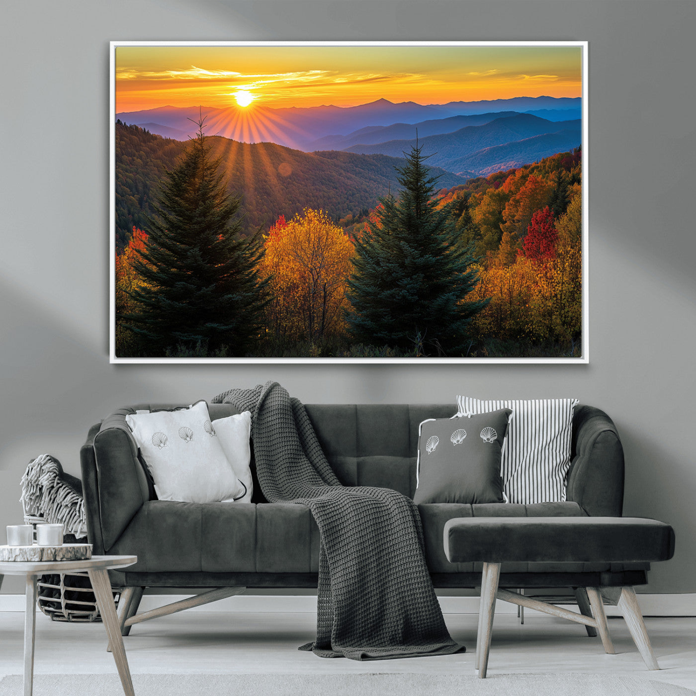 MGV-FC-36X24 - Golden Sunset Over Mountain Forest Canvas Wall Art Print - Warm Nature-Inspired Landscape for Living
