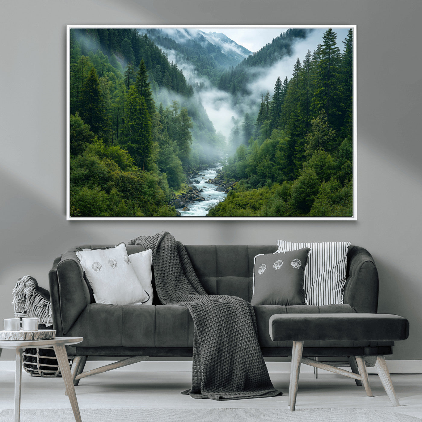 MGV-FC-36X24 - Mountain Forest River Canvas Wall Art Print - Serene Nature Landscape for Living Room, Office, or