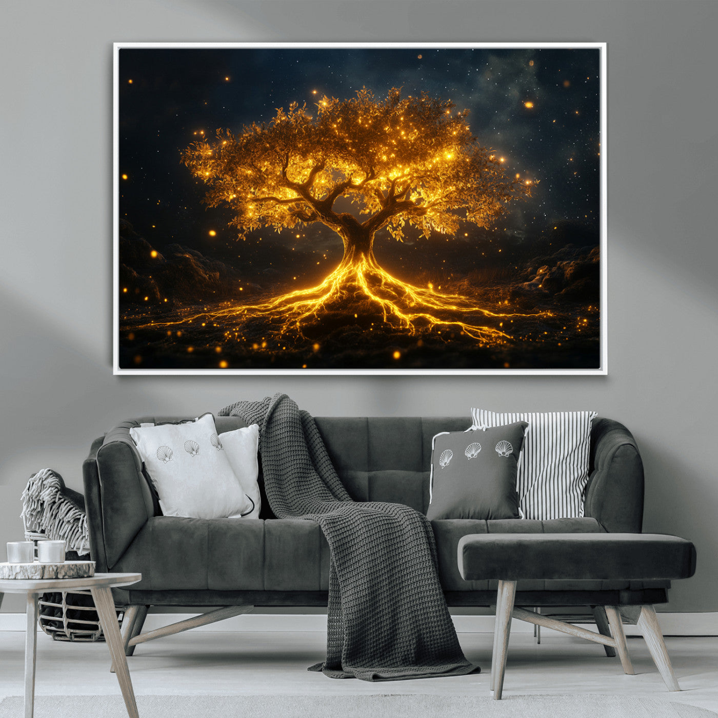 MGV-FC-36X24 - Golden Tree of Life Canvas Wall Art Print - Majestic Glowing Tree Design for Living Room, Office, or
