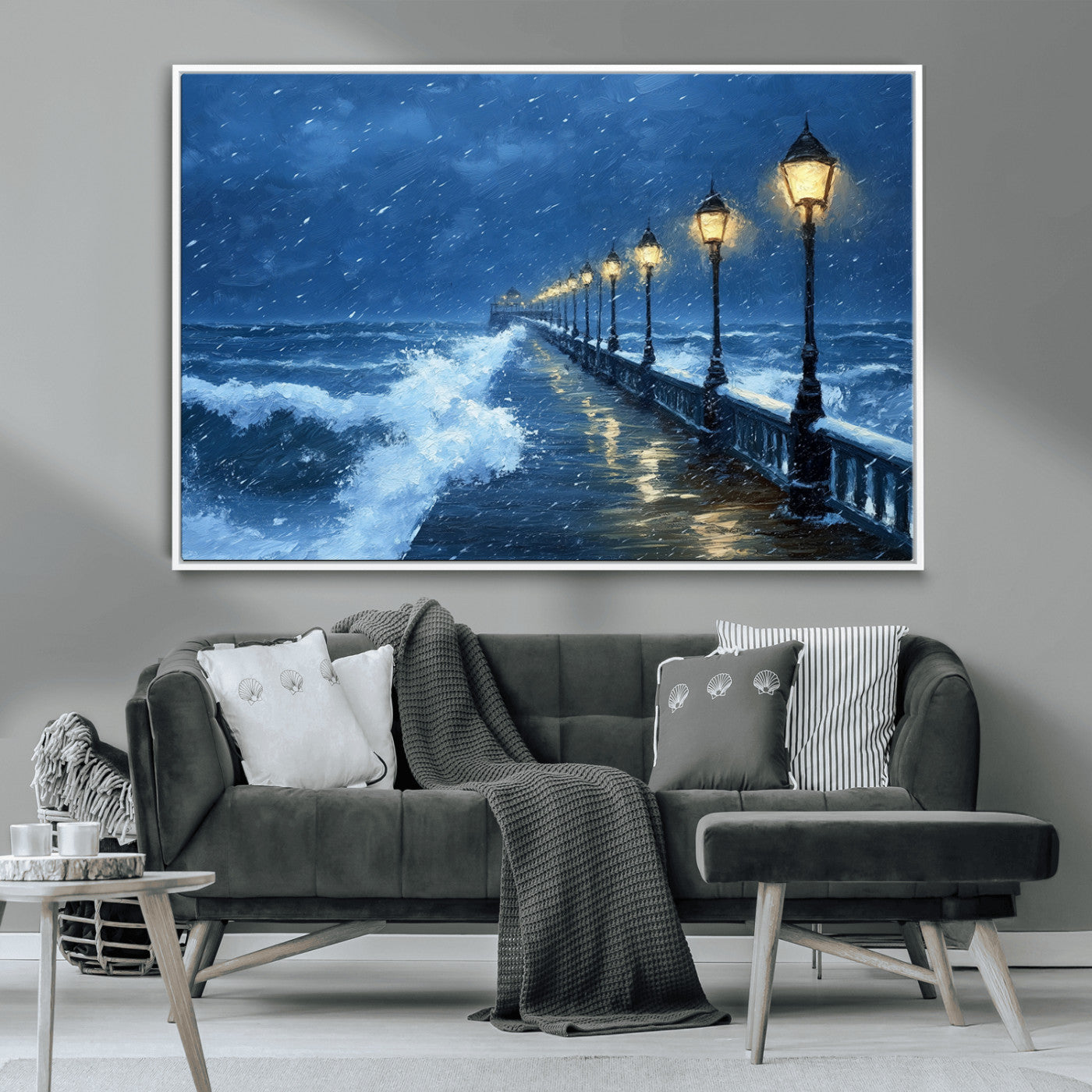 MGV-FC-36X24 - Stormy Ocean Pier Lights Canvas Wall Art Print - Large Moody Night Scene for Living Room, or Office,