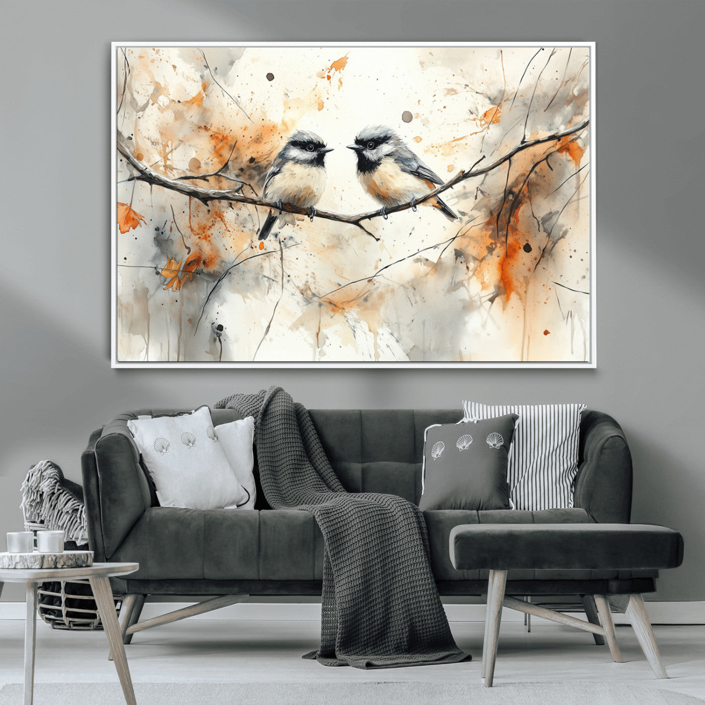 MGV-FC-36X24 - Abstract Watercolor Chickadee Bird Canvas Wall Art Print - Large Bird and Branch Wall Art, Modern