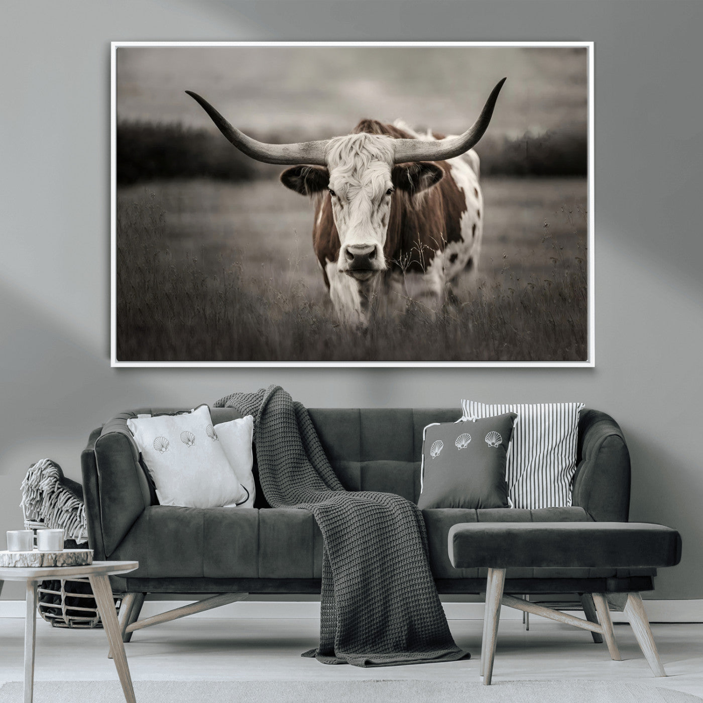 MGV-FC-36X24 - Texas Longhorn Cow Canvas Wall Art Print - Large Rustic Longhorn Art for Living Room, Western Wall