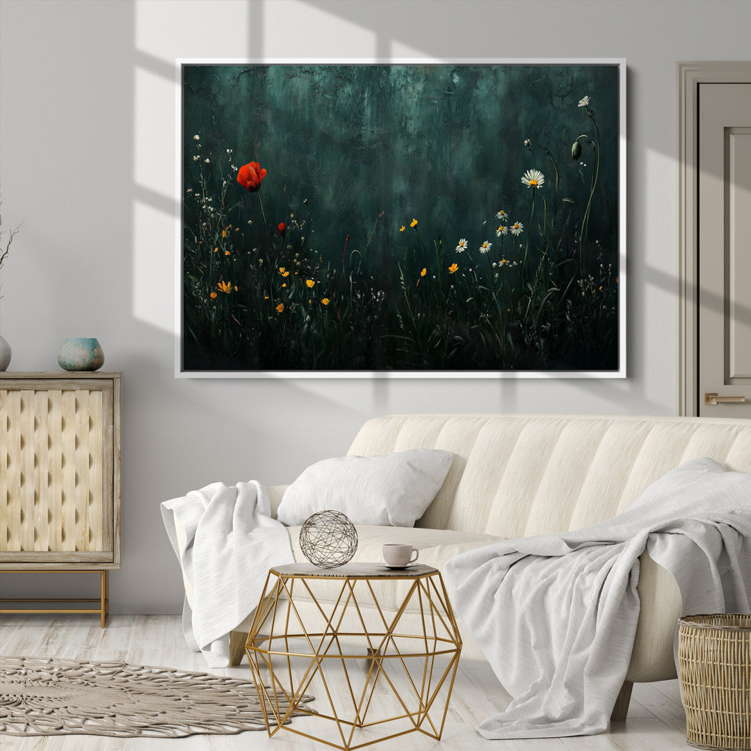 Wildflower Field Framed Wall Art, Vintage Botanical Landscape Sign, Botanical Wall Art, Modern Farmhouse Canvas Art, Field Of Flowers Canvas Print