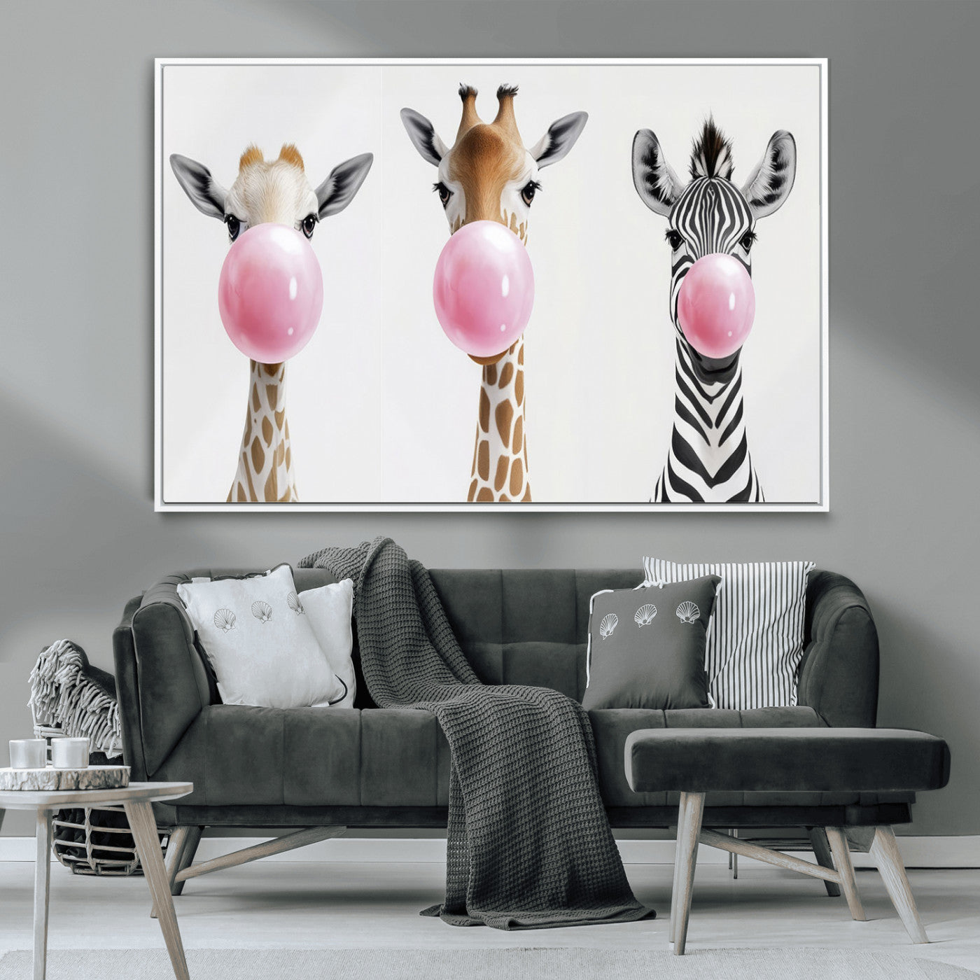 MGV-FC-36X24 - Bubblegum Animals Canvas Wall Art - Playful Giraffe and Zebra Trio, Fun Nursery Decor for Kids'