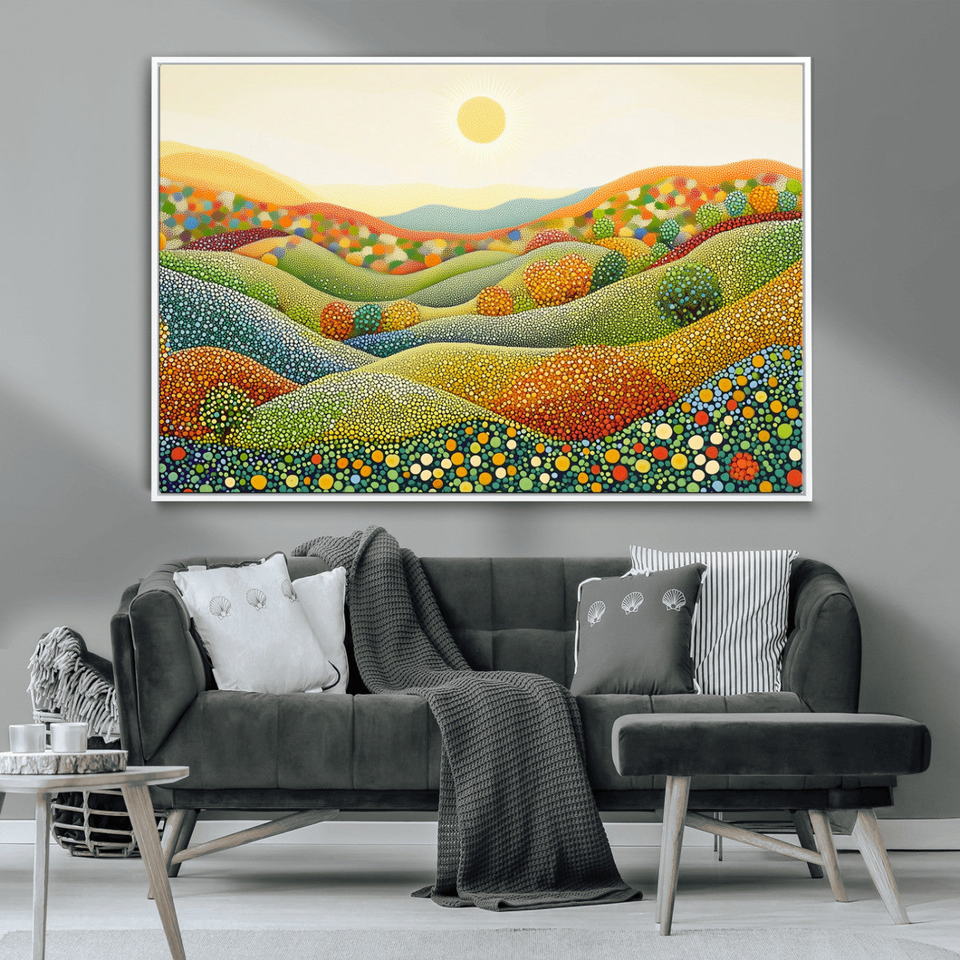 MGV-FC-36X24 - YAYOI KUSAMA Wall Art - Colorful Dot Art Landscape Canvas, Framed Japanese Dot Art