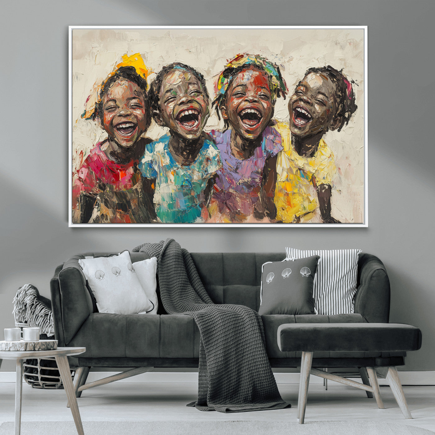 MGV-FC-36X24 - Shai Yossef style Joyful Childhood Canvas Wall Art - Expressive Impasto Painting of Black Children