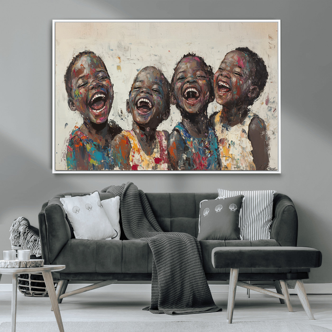 85256-MGV-CV-36X24-Shai Yossef Print - Joyful Childhood Canvas Wall Art - Expressive Impasto Painting of Laughing