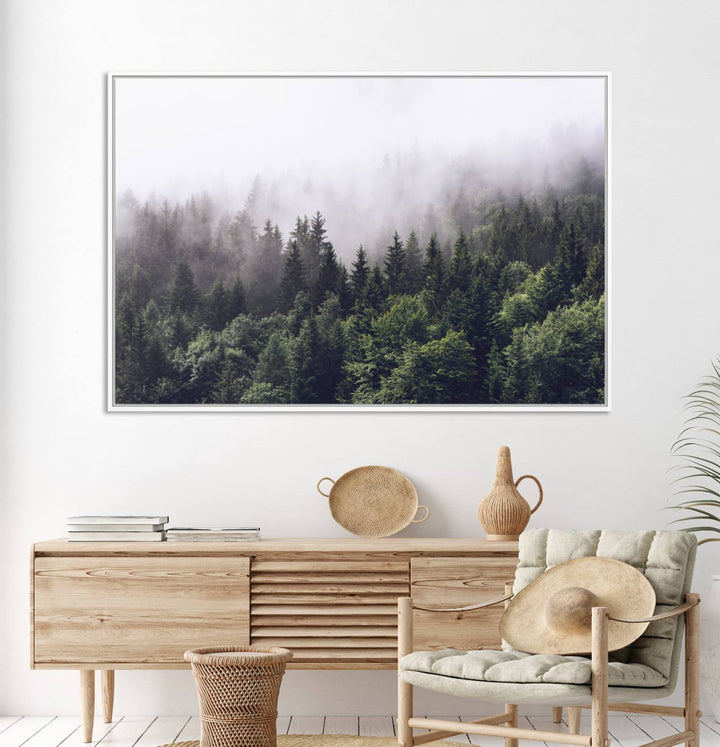 A serene triptych nature print featuring a misty forest, perfect as wall art.