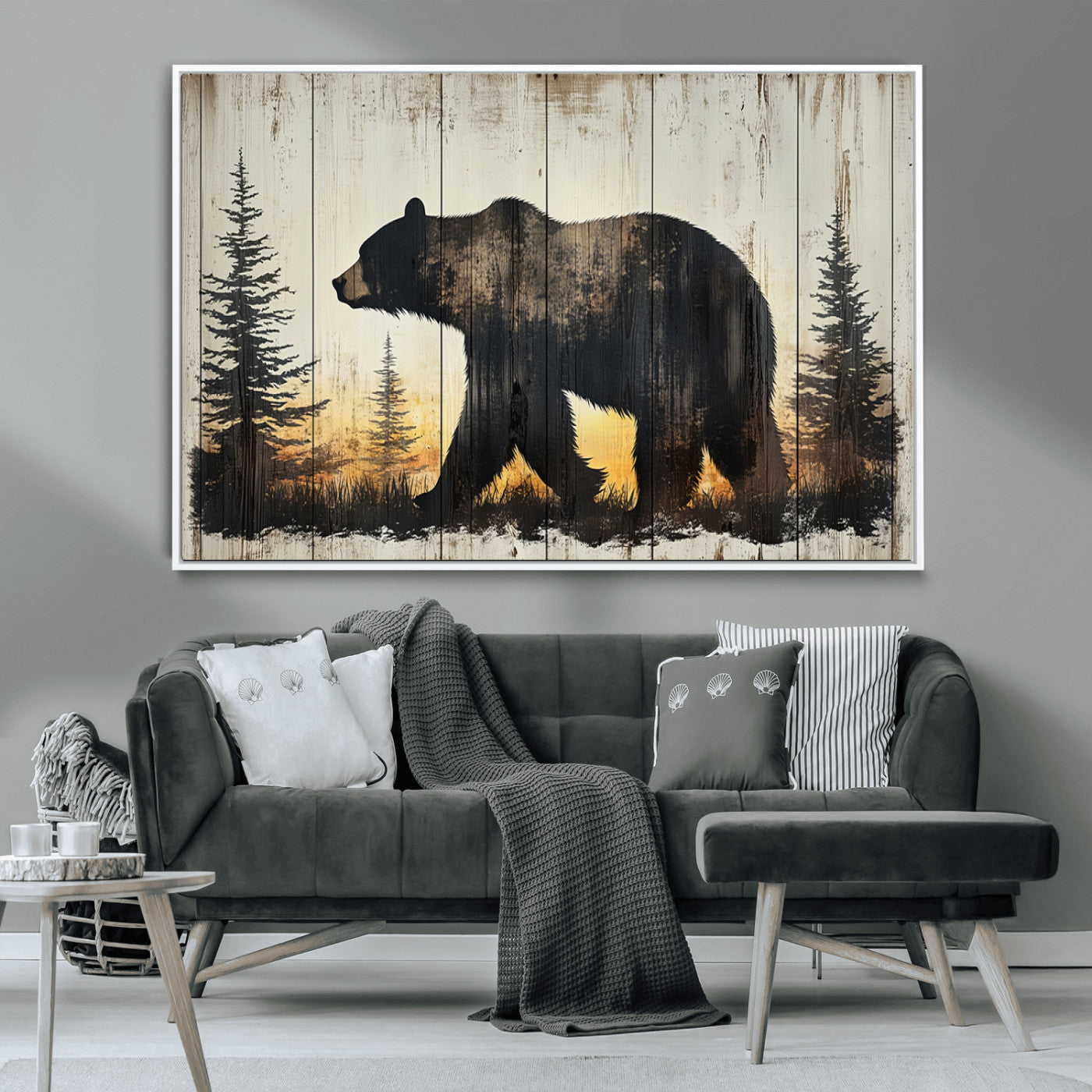 83875-MGV-CV-36X24-Vintage Bear Wall Art Canvas Print for Farmhouse - Mountain Wood Canvas Wall Art - Forest Silhouette