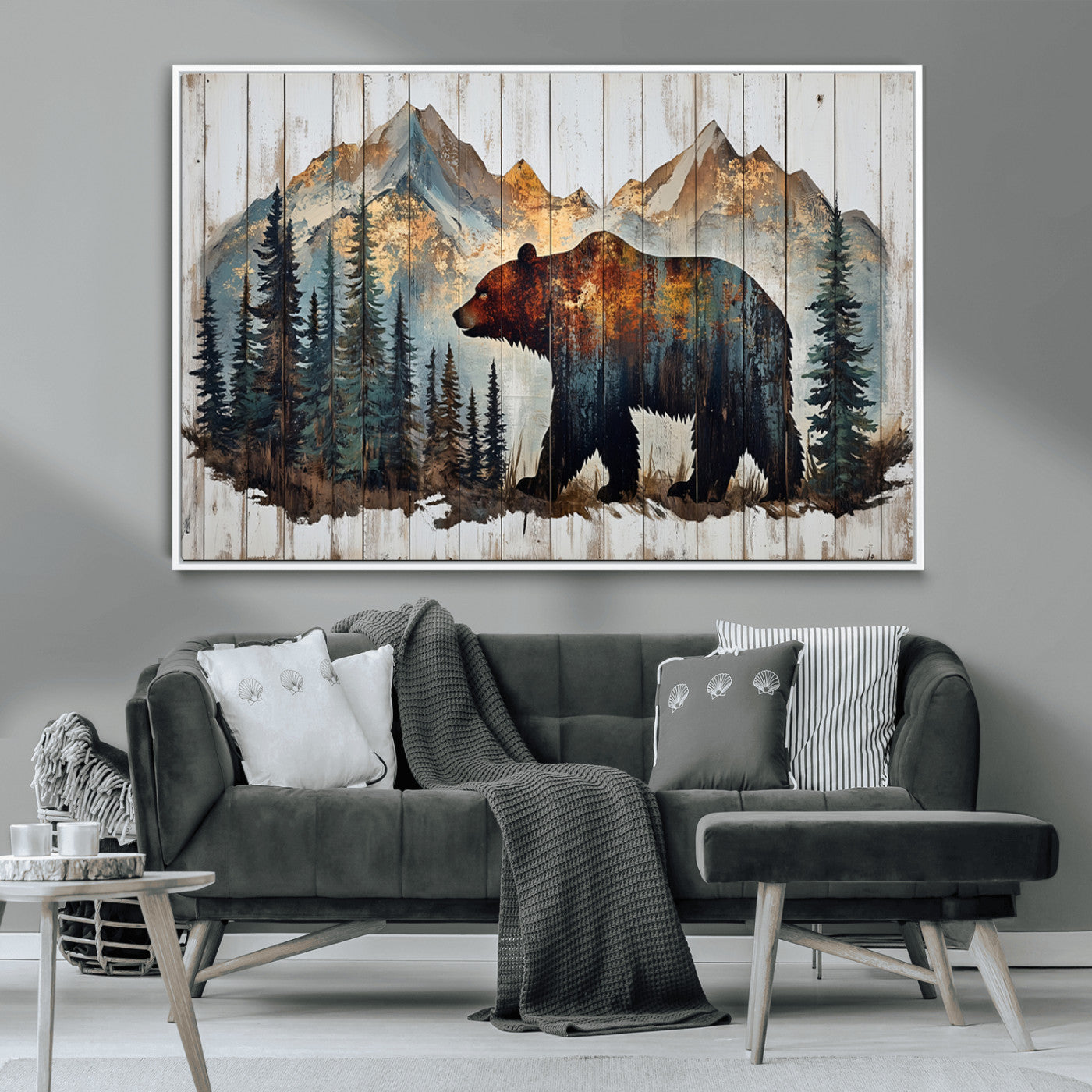 55777-MGV-CV-36X24-Rustic Grizzly 399 Bear and Mountain Wood Canvas Wall Art - Framed Nature Artwork with Forest