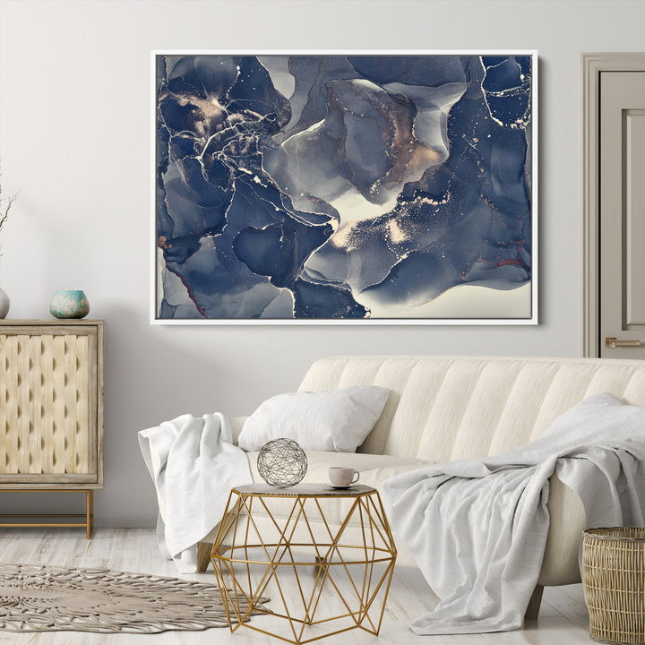 Large Abstract Blue and Gold Canvas Wall Art | Fluid Ink Artwork Print | Luxury Wall Decor for Contemporary Interiors | Framed Ready to Hang