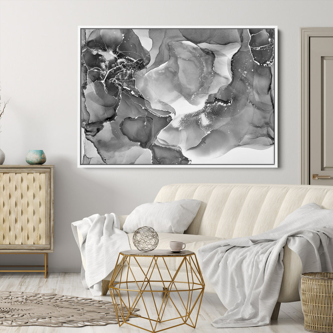 Black White Abstract Canvas Wall Art - Fluid Ink Artwork - Modern Luxury Wall Decor for Contemporary Interiors