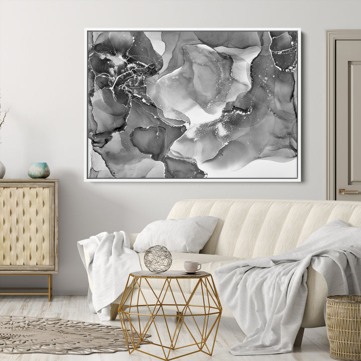 Black White Abstract Canvas Wall Art - Fluid Ink Artwork - Modern Luxury Wall Decor for Contemporary Interiors