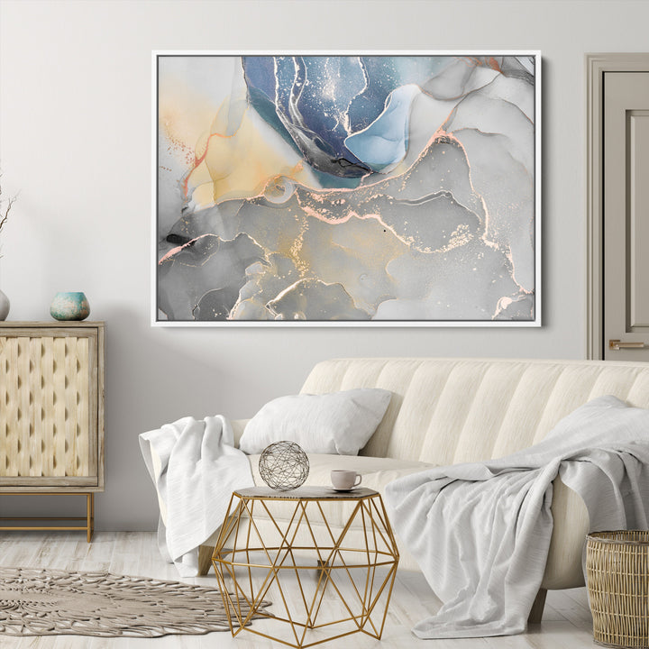 Large Abstract Blue and Gold Canvas Wall Art | Fluid Ink Artwork Print | Luxury Wall Decor for Contemporary Interiors | Framed Blue and Gold