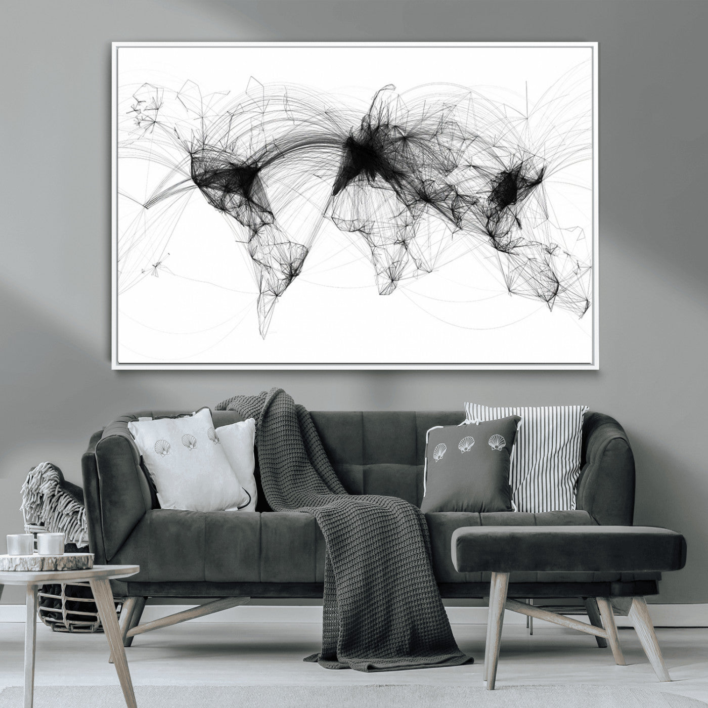 50136-MGV-CV-36X24-Abstract World Map Wall Art – Framed Geometric Line Canvas Artwork, Modern Global Design, Contemporary Decor for Home, Office