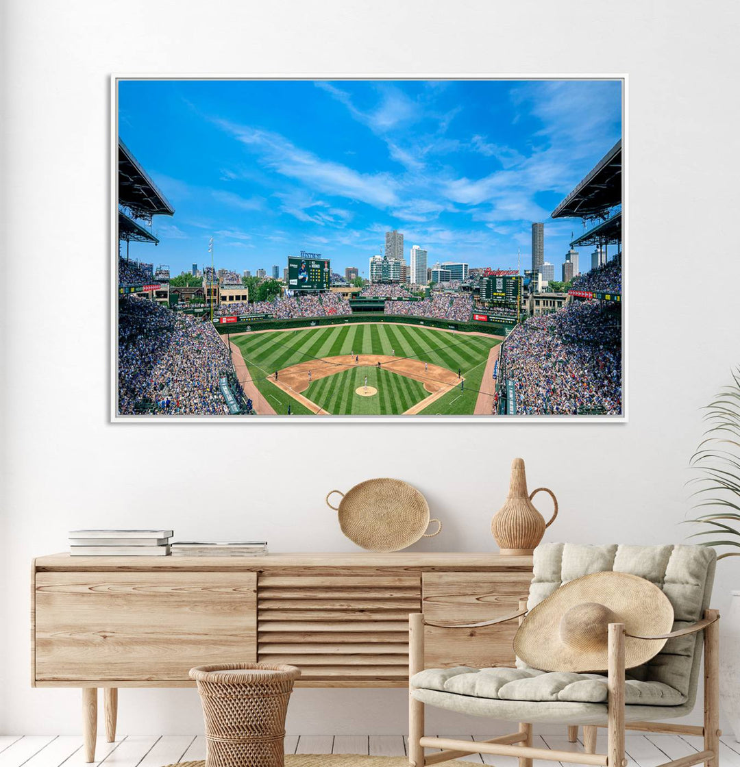 Panoramic view of Wrigley Field, ideal for the Wrigley Field Chicago Cubs Panoramic Canvas Wall Art - Ready to Hang.