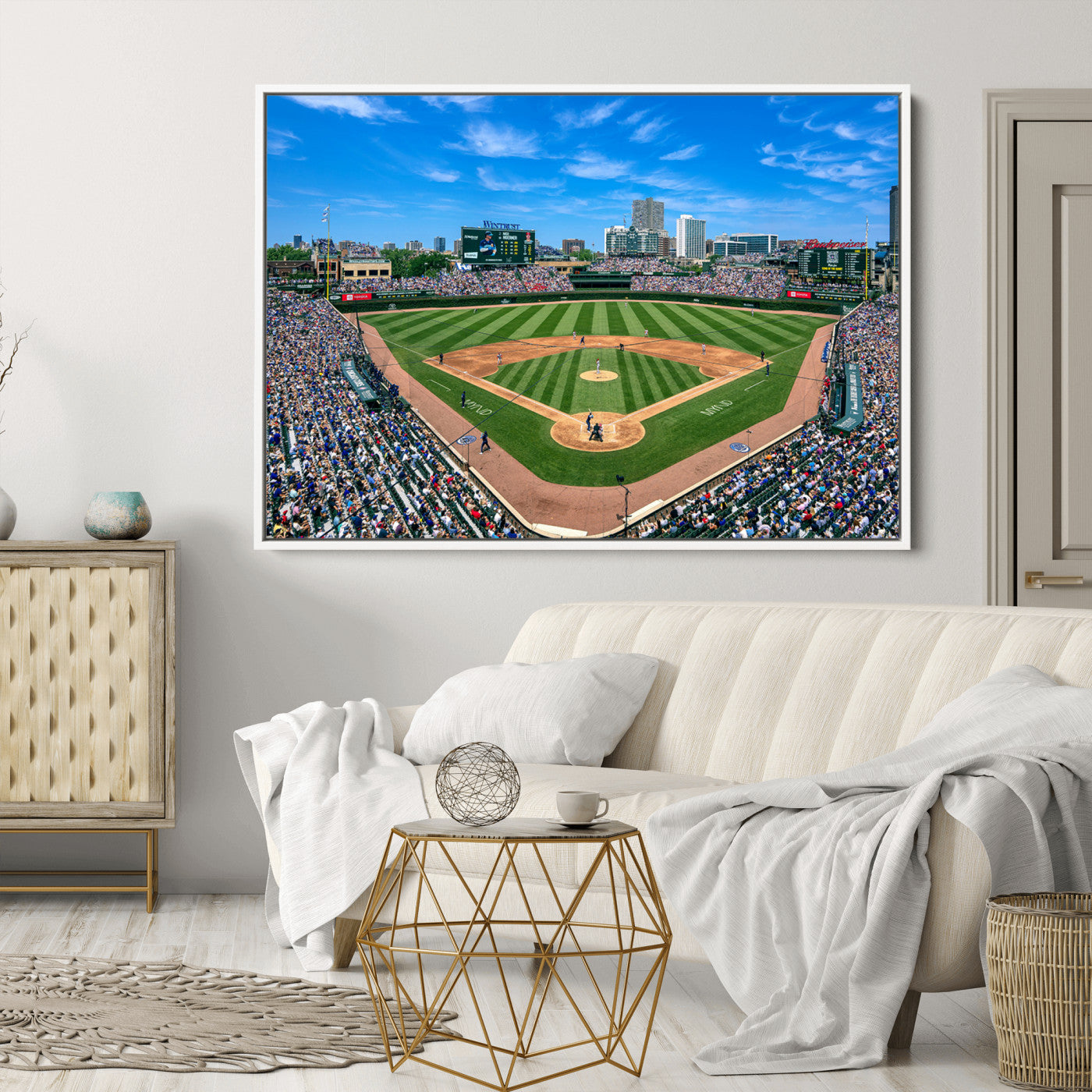 26064-MGV-CV-30X20-Framed Wrigley Field Chicago Cubs Print, Panoramic Multi Piece Canvas Wall Art - Iconic Baseball Stadium Print for Sports Lovers - Ready to
